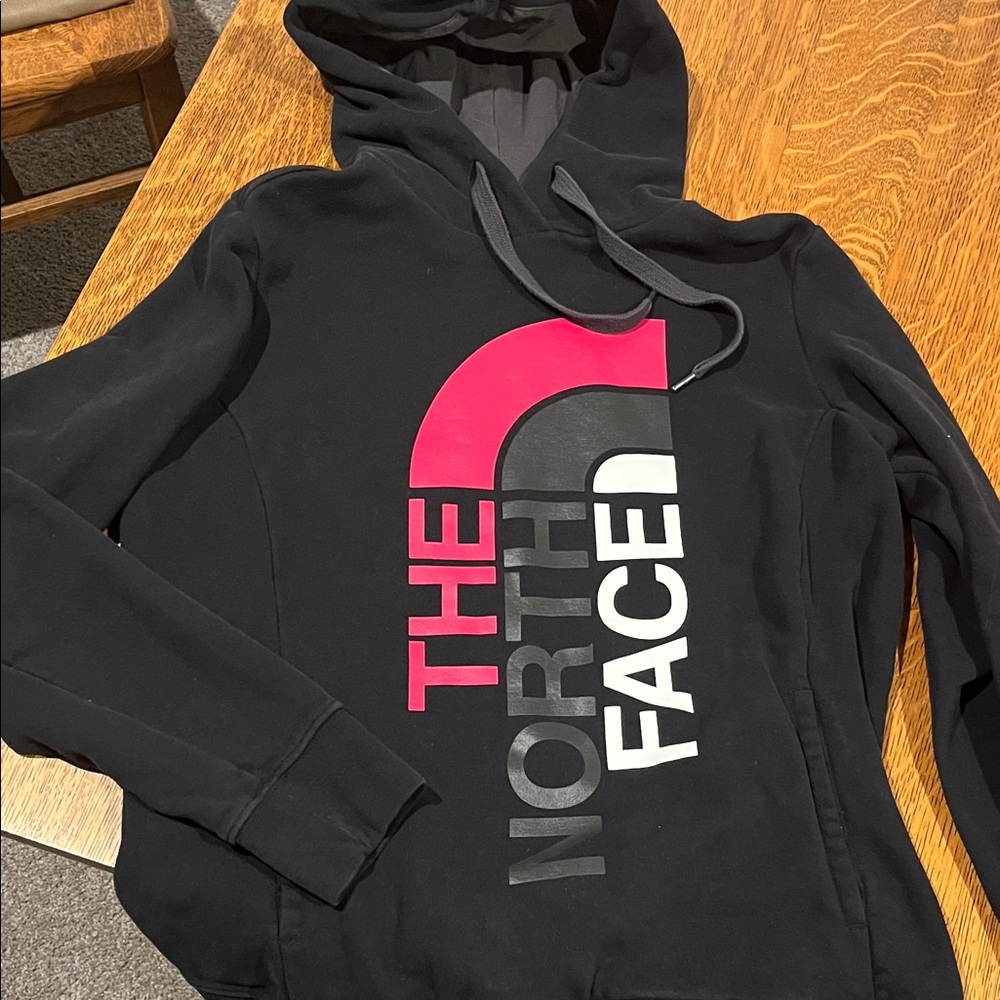 The North Face Black Hoodie with Pink and White Logo